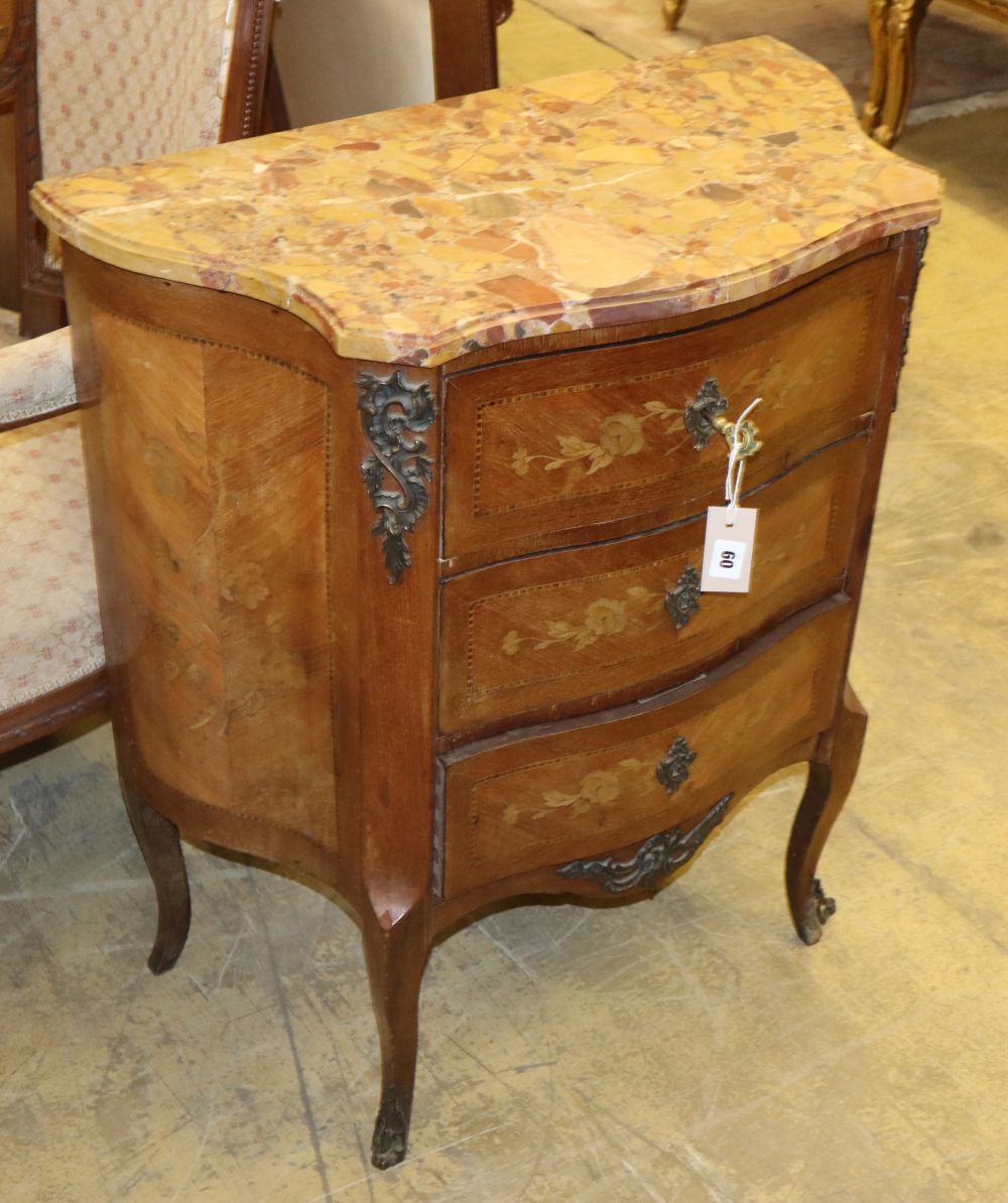 A French marquetry inlaid three drawer serpentine marble top chest, W.68cm, D.37cm, H.78cm